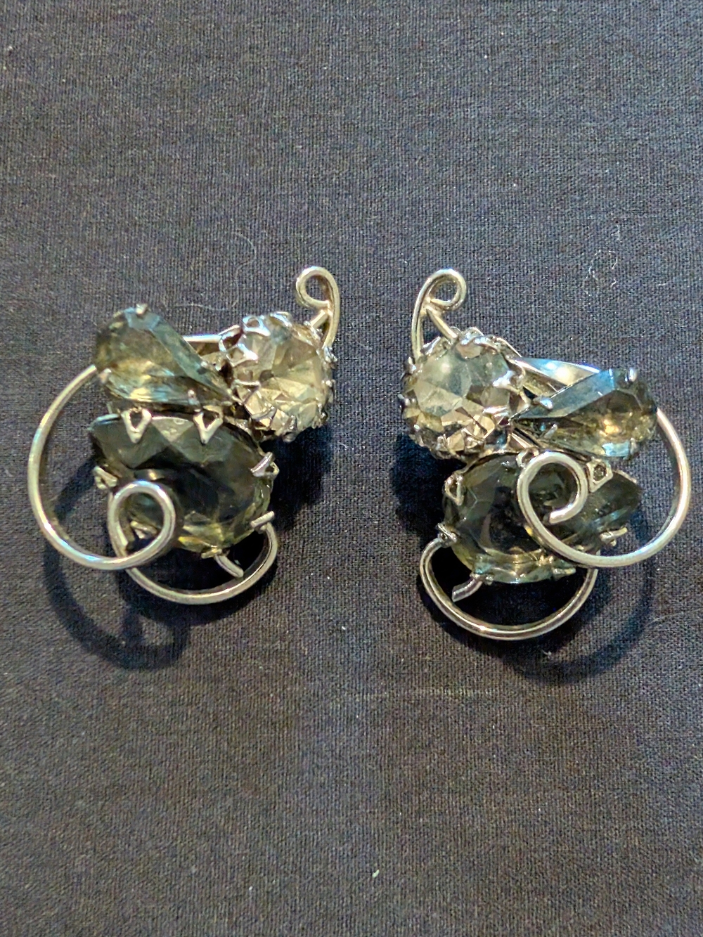 Vintage Elegant Smokey Grey Crystal Cluster Clip On Earrings